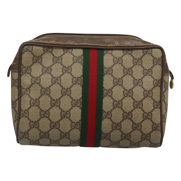 GUCCI GG Supreme Web Sherry Line Clutch Bag PVC Beige Red 56 01 012 Auth BA1131 - Picture 2 of 16